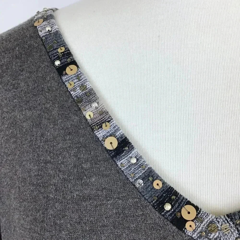 NWT Women's 1X Spring Lightweight Sweater Sequins Beaded CJ Banks V-Neck Gray - Picture 10 of 13